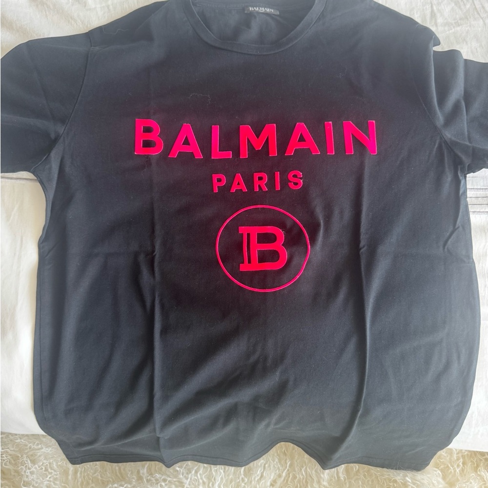 Balmain Black Tee with Vibrant Pink Logo